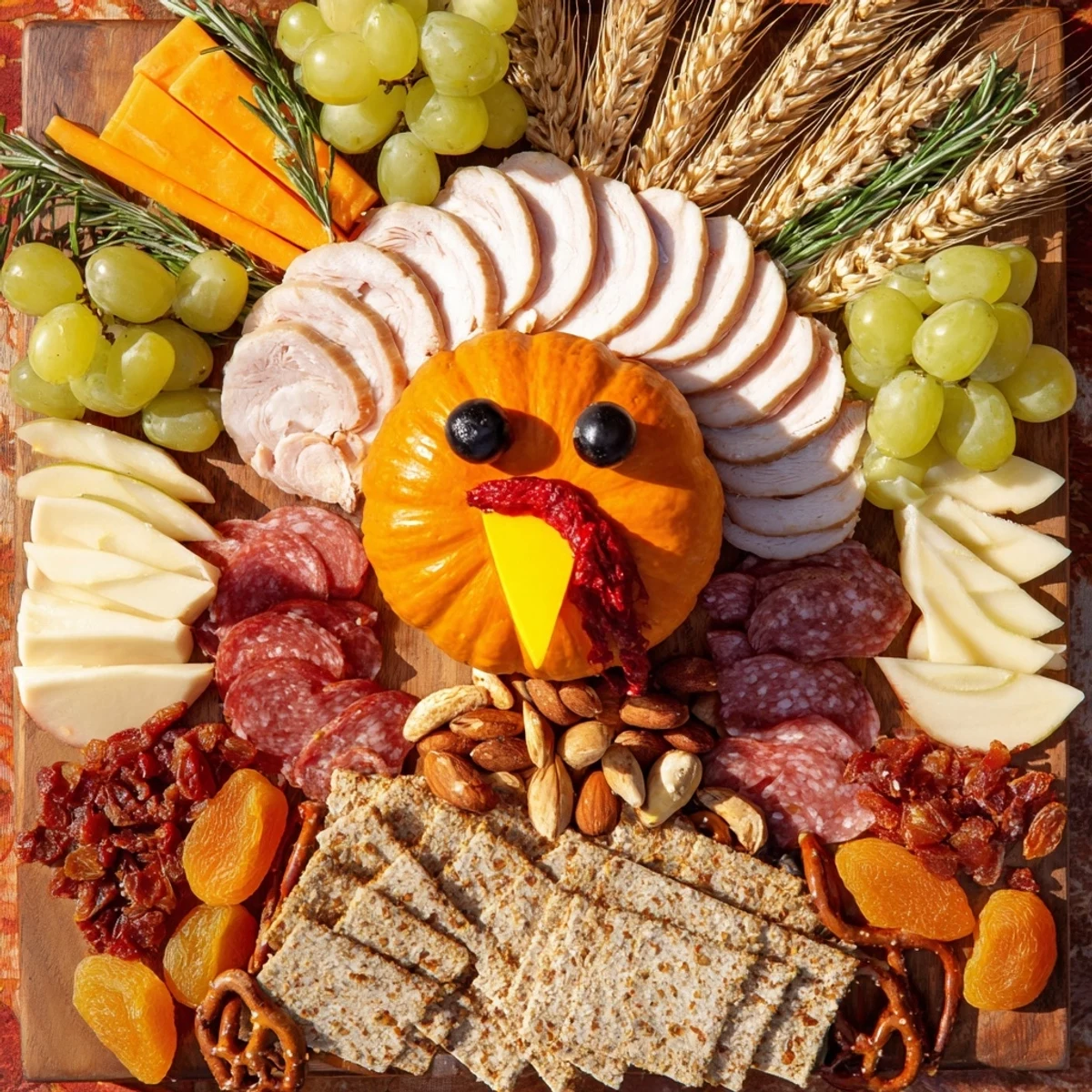 A beautifully arranged Wheat Field Thanksgiving Turkey Board overflowing with colorful cheeses and meats.