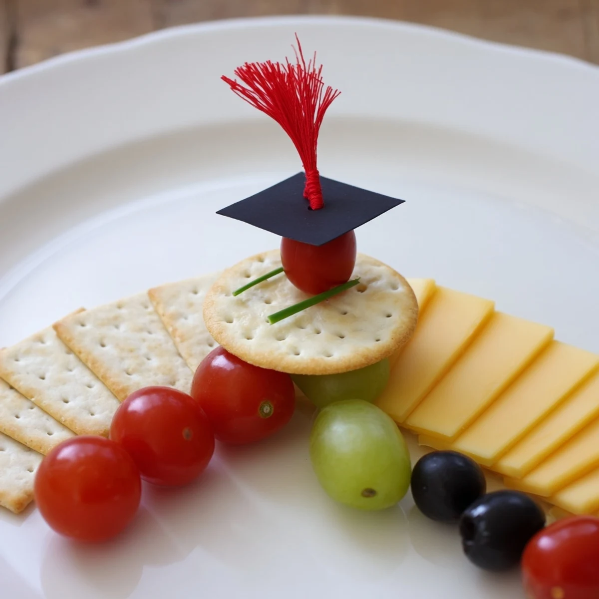 Colorful Graduation Cap Platter appetizer with cheddar, olives, and grapes, perfect for a party.
