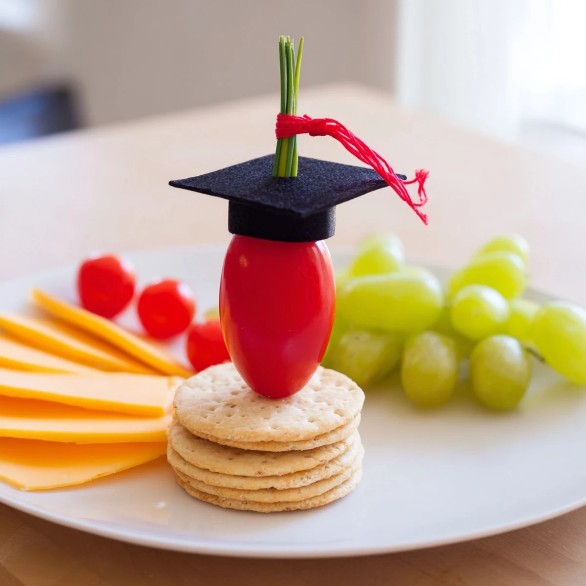 A beautifully arranged Graduation Cap Platter with Gouda cubes and fresh chive tassels; a festive delight.