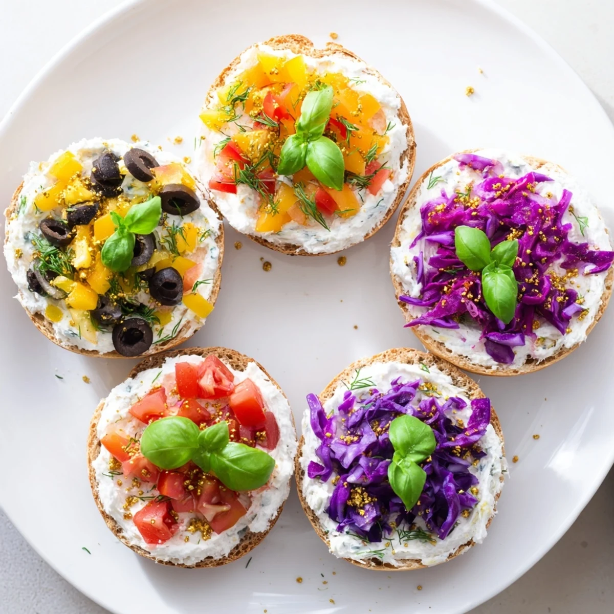 Vivid image of the colorful Olympic Rings Medal Appetizer, featuring bagel rings topped with cream cheese.