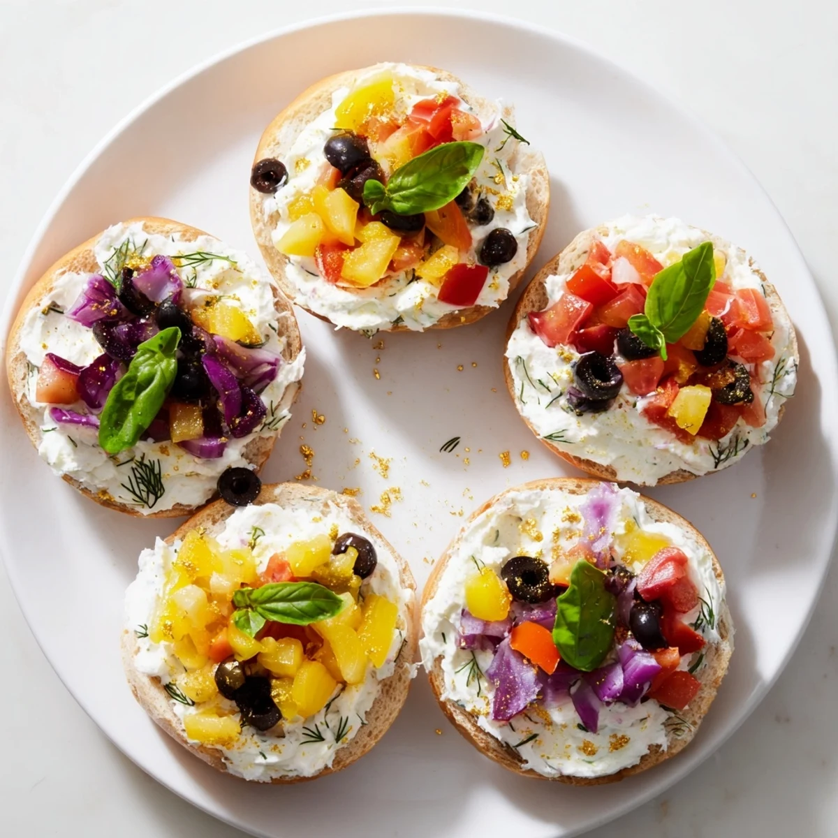 See a visual of the delicious Olympic Rings Medal Appetizer, with vibrant bagel rings perfect for a party.