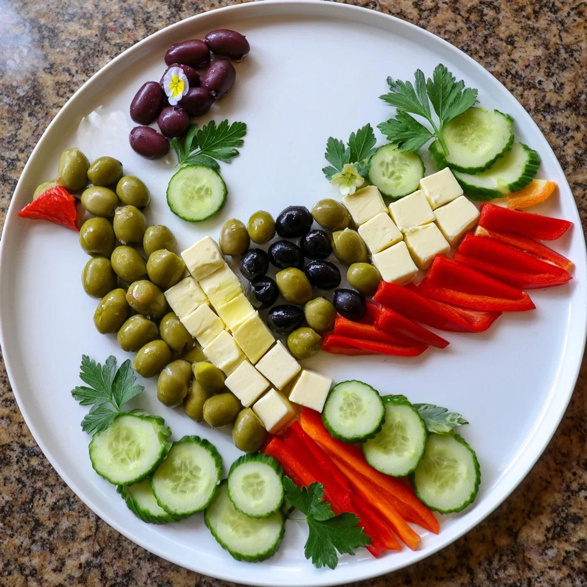 Colombe de la Paix Olive Platter, a visually stunning appetizer arranged with olives, cheeses, and fresh vegetables.