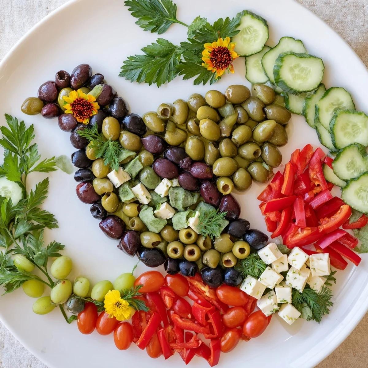 Enjoy a celebratory Colombe de la Paix Olive Platter: the dove-shaped arrangement featuring colorful olives, cheeses, and more.