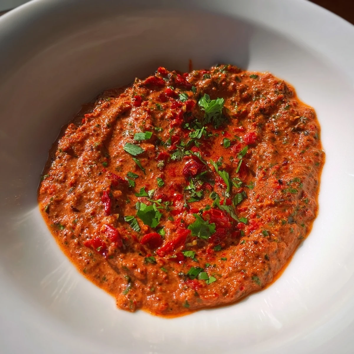 A vibrant bowl of Volcanic Lava Spicy Dip, garnished with cilantro, ready for dipping and sharing.