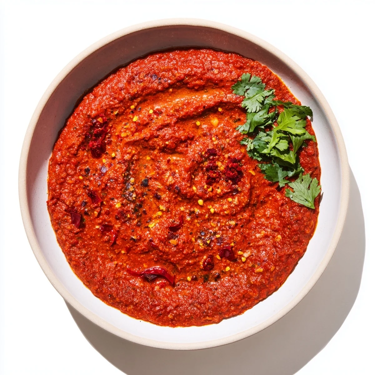 Creamy textured Volcanic Lava Spicy Dip, with roasted red peppers visible, perfect for vegetable sticks or chips.