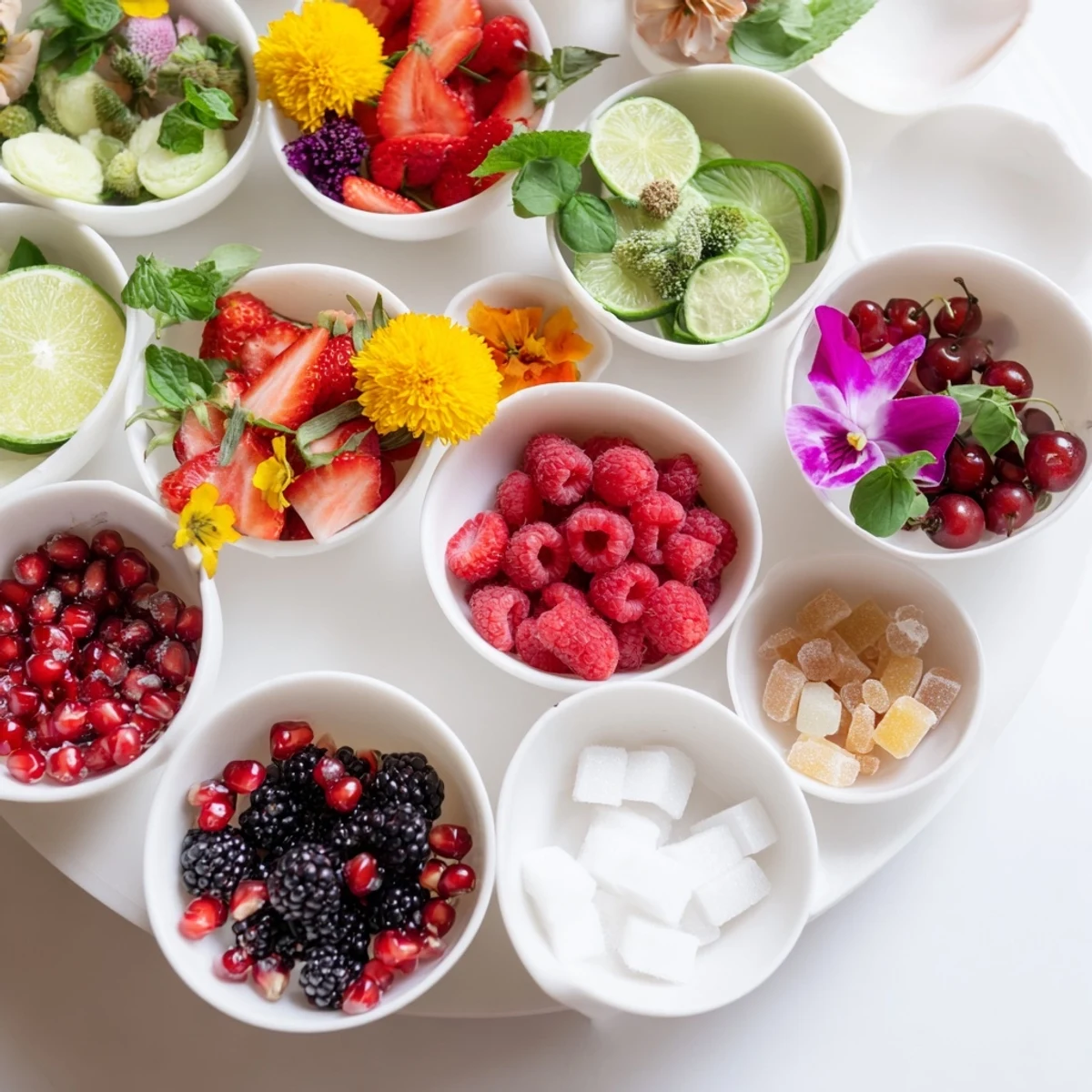 Assorted Champagne Bar Garnishes: Fresh fruit, herbs, and edible flowers for a celebratory spread.