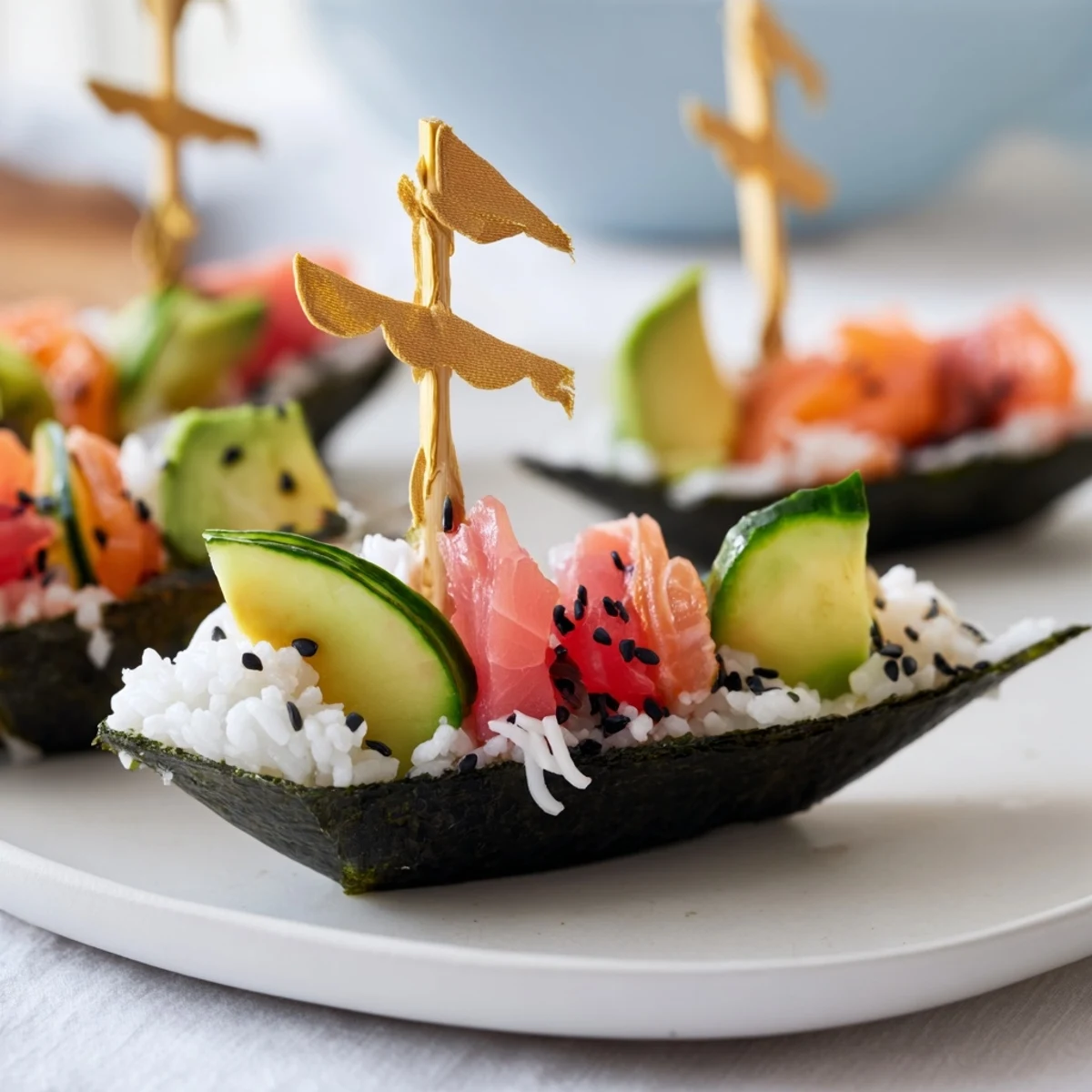 Sushi Sailboats at Sea featuring vibrant fish, avocado, and carrots, ready to be enjoyed!