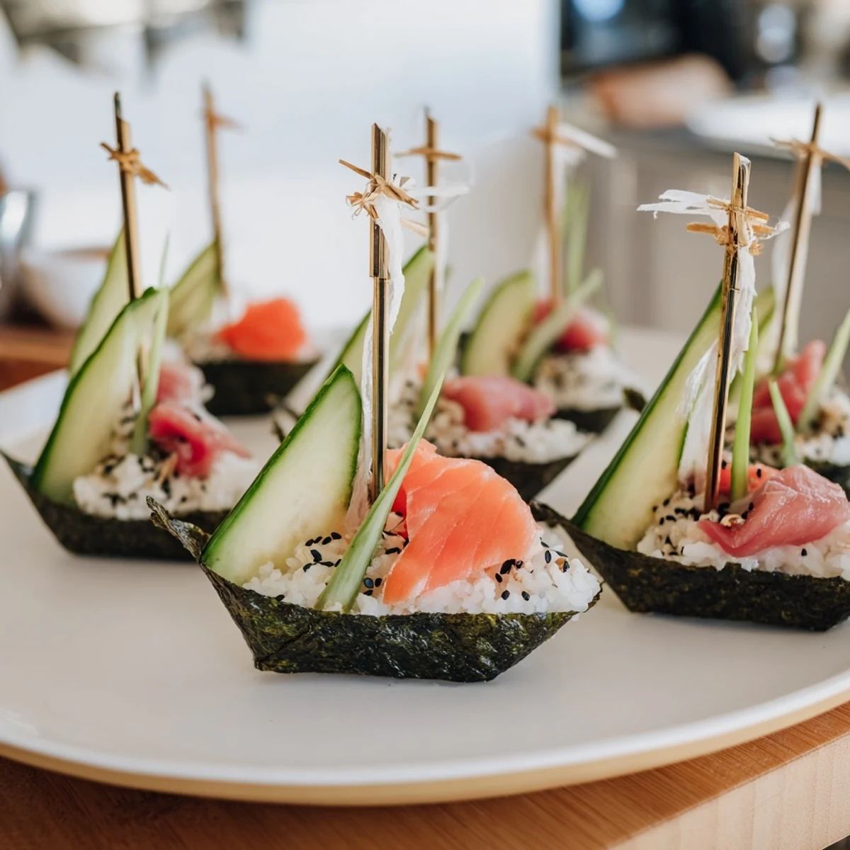 Delightful Sushi Sailboats at Sea, featuring fresh salmon and tuna, artfully arranged on a platter.