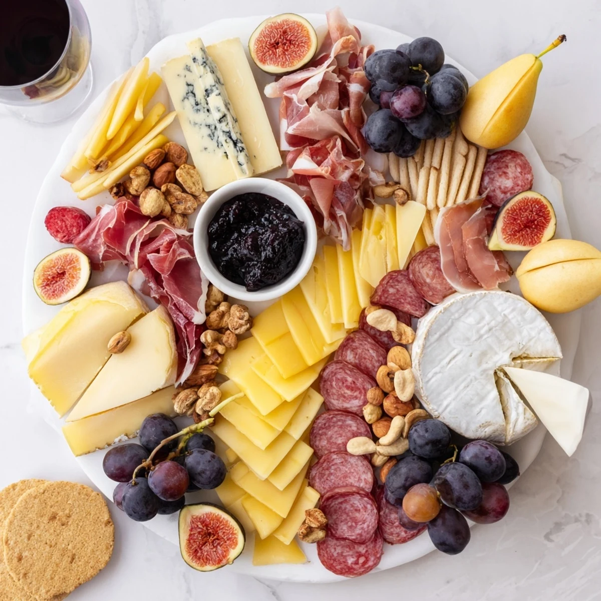 Wine & Food Pairing Platter loaded with cheeses, cured meats, fruits, and nuts, perfect for sharing.