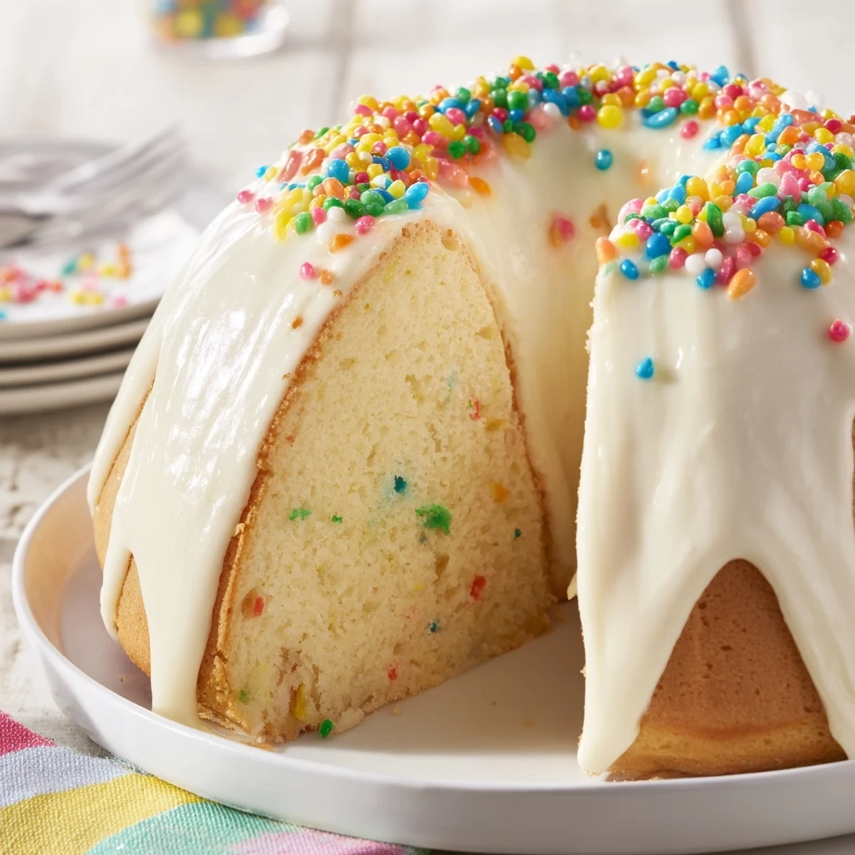 A slice of Happy Birthday Cake shows a fluffy vanilla sponge frosted with buttercream and sprinkles.