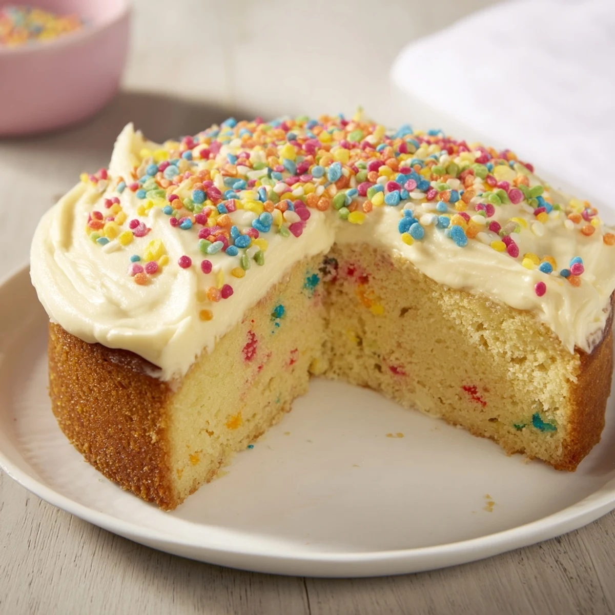 Moist Happy Birthday Cake slice with creamy frosting and colorful sprinkles, perfect for birthdays and celebrations.