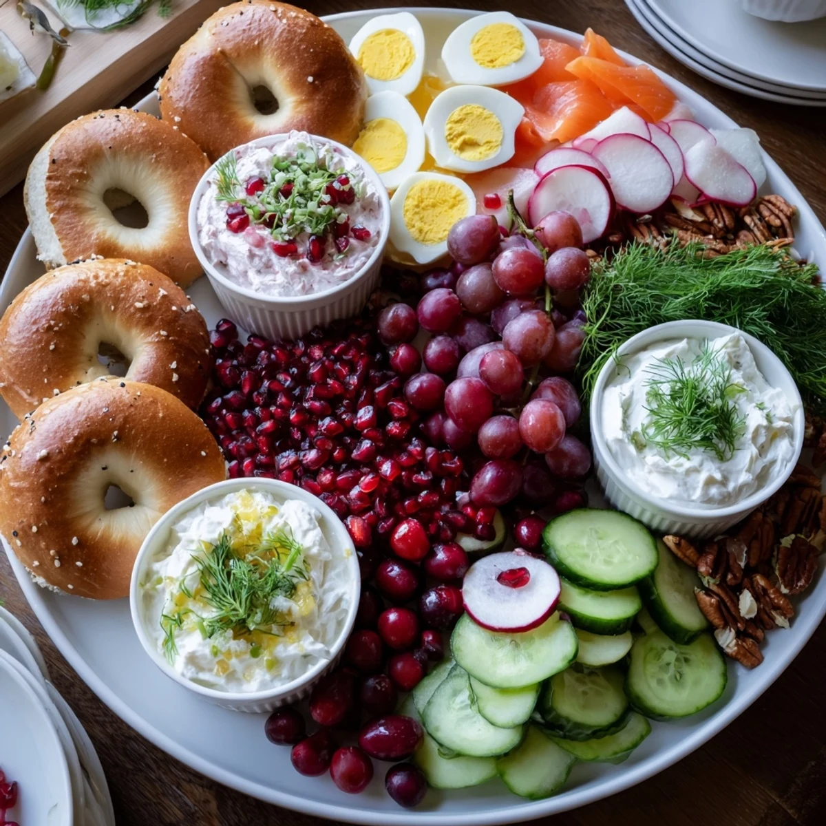 Cranberry sleigh bagel board with vibrant colors: cranberry bagels, salmon, and seasonal fruits.