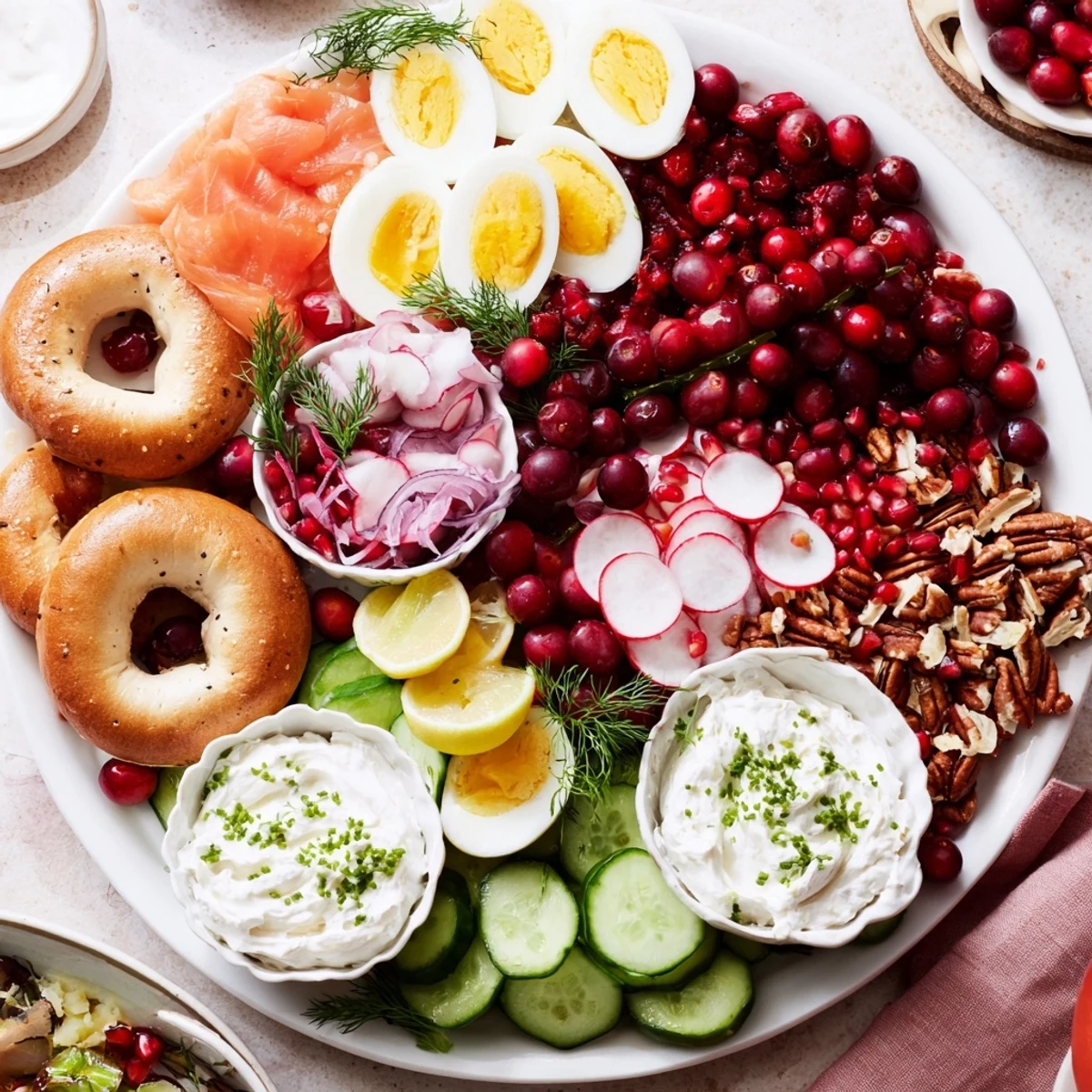 Delicious, festive cranberry bagel board: a brunch spread with creamy cheeses and fresh garnishes.