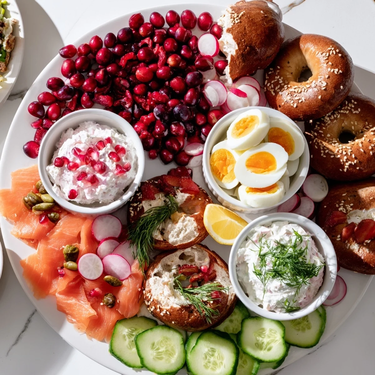 Holiday cranberry sleigh bagel board, packed with smoked salmon and vibrant, flavorful toppings to enjoy.
