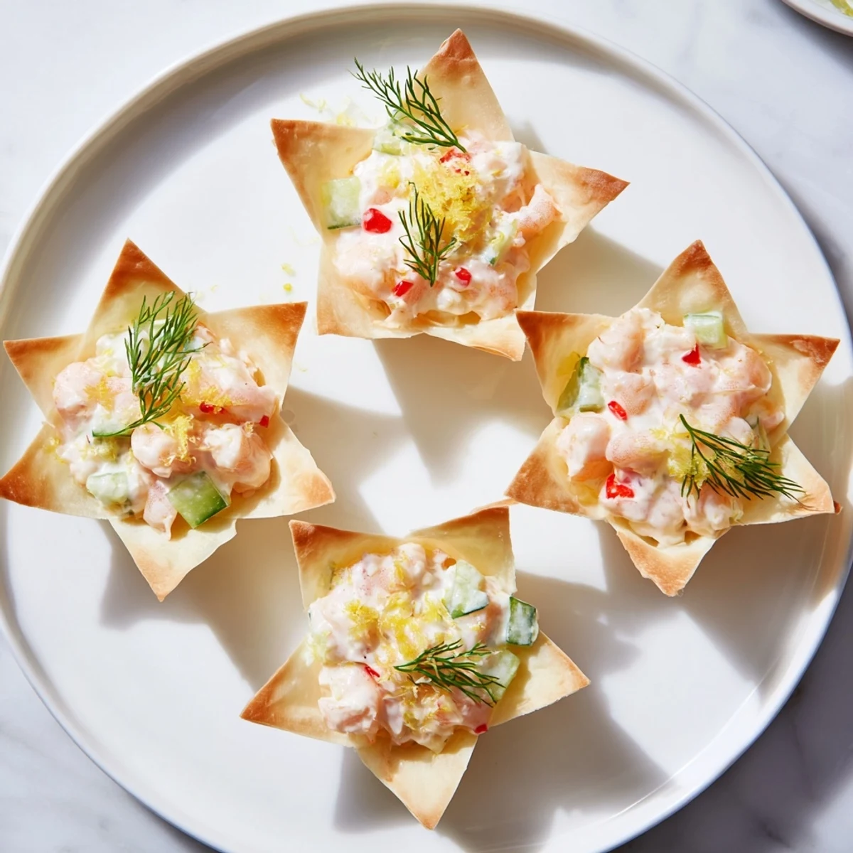 Golden-brown mini star cocktail cups hold creamy shrimp salad, a perfect appetizer.