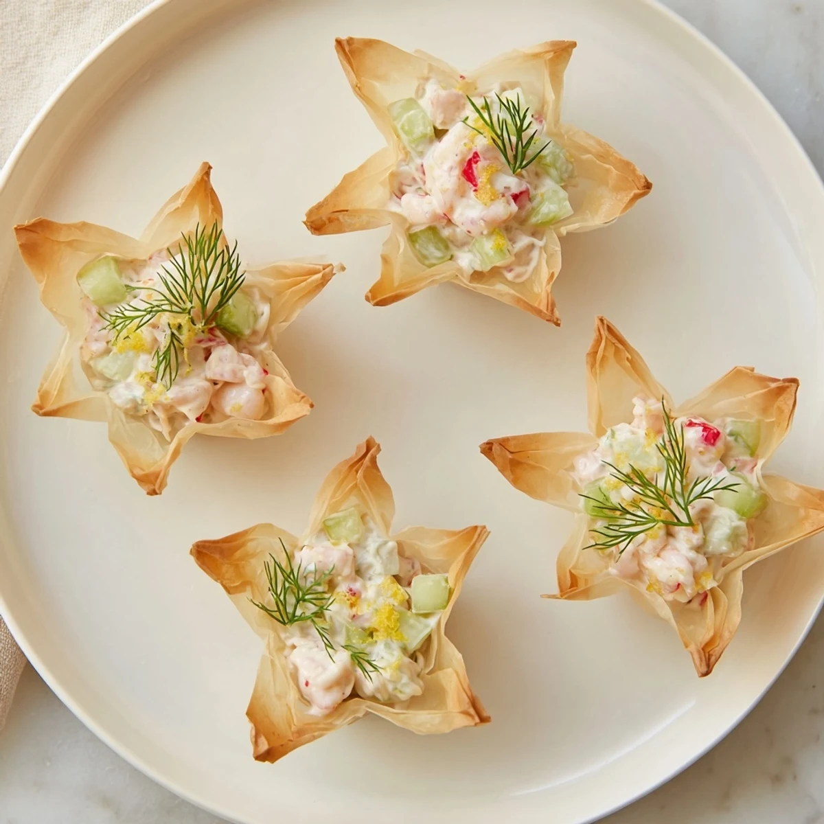 Crispy phyllo cups filled with savory shrimp filling, a star cocktail cup creation with fresh dill.