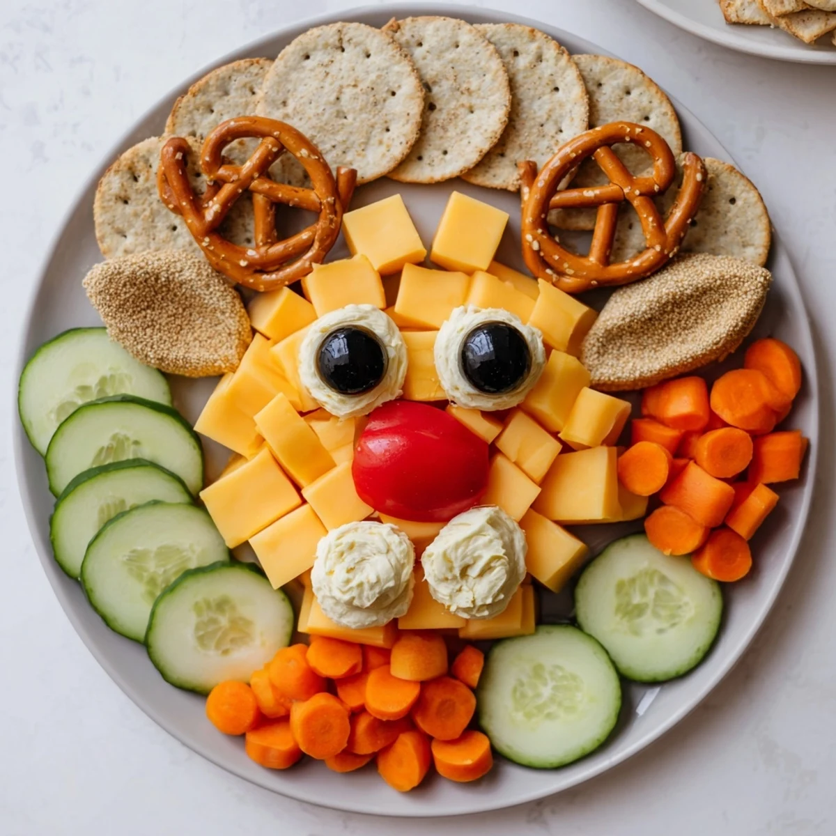 Christmas-themed Cheesy Reindeer Face Platter, complete with a red pepper nose and olive eyes for parties.