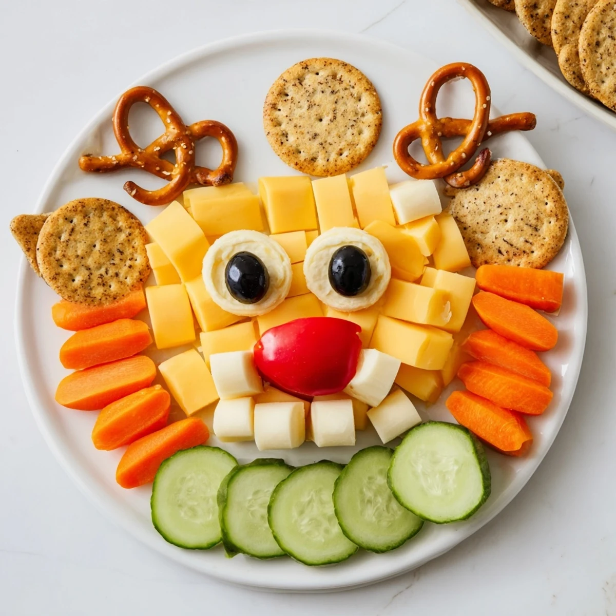 Cheesy Reindeer Face Platter: a festive spread with cheddar, mozzarella, and pretzel antlers, ready to enjoy.