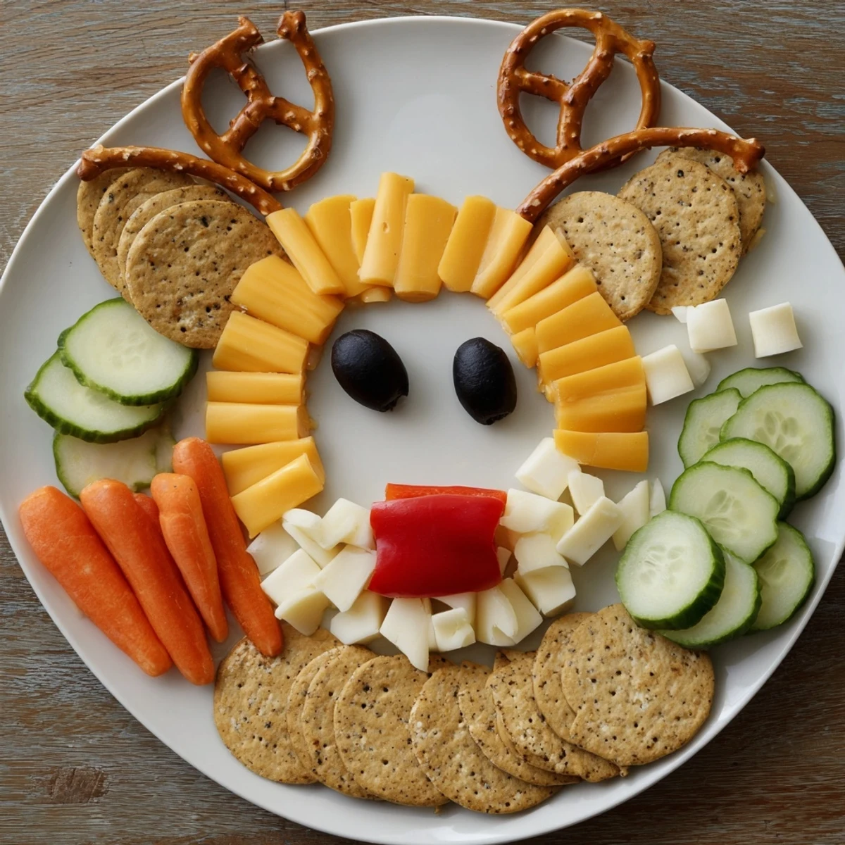 Vibrant Cheesy Reindeer Face Platter appetizer, featuring gouda, crackers, and a creamy cream cheese base.