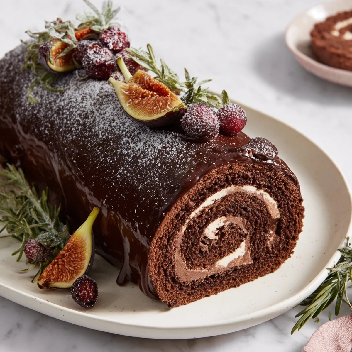 Cozy presentation of a Winter Warmer dessert board with a chocolate yule log and seasonal treats.