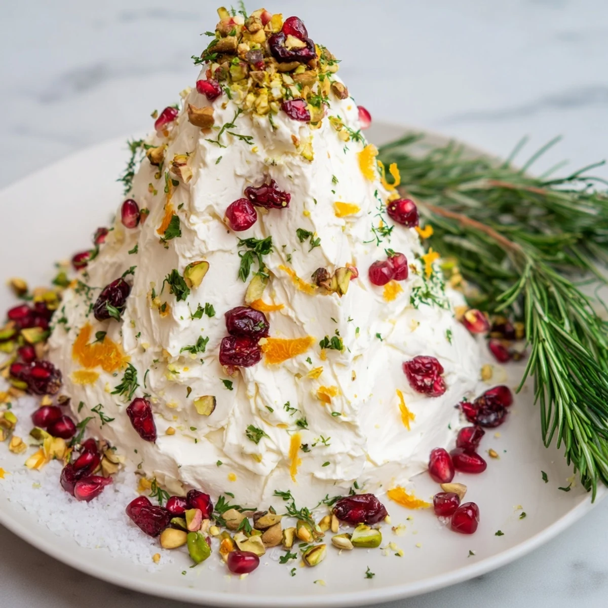 Easy-to-make Rosemary Cranberry Christmas Tree, showcasing a delightful arrangement of cheese, cranberries, and rosemary.