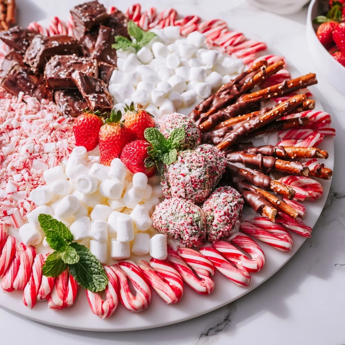 Delicious Candy Cane Dessert Platter overflowing with sweet treats, perfect for sharing at a holiday party.