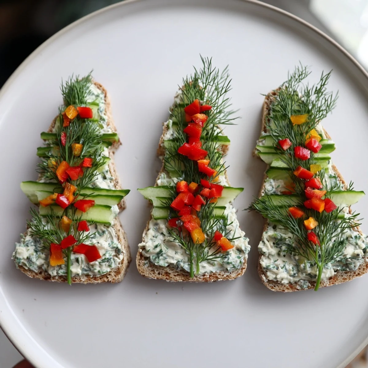 Cucumber and Cream Cheese Tree Stacks: cool cucumber rounds layered atop creamy, herbed cream cheese in festive tree shapes.