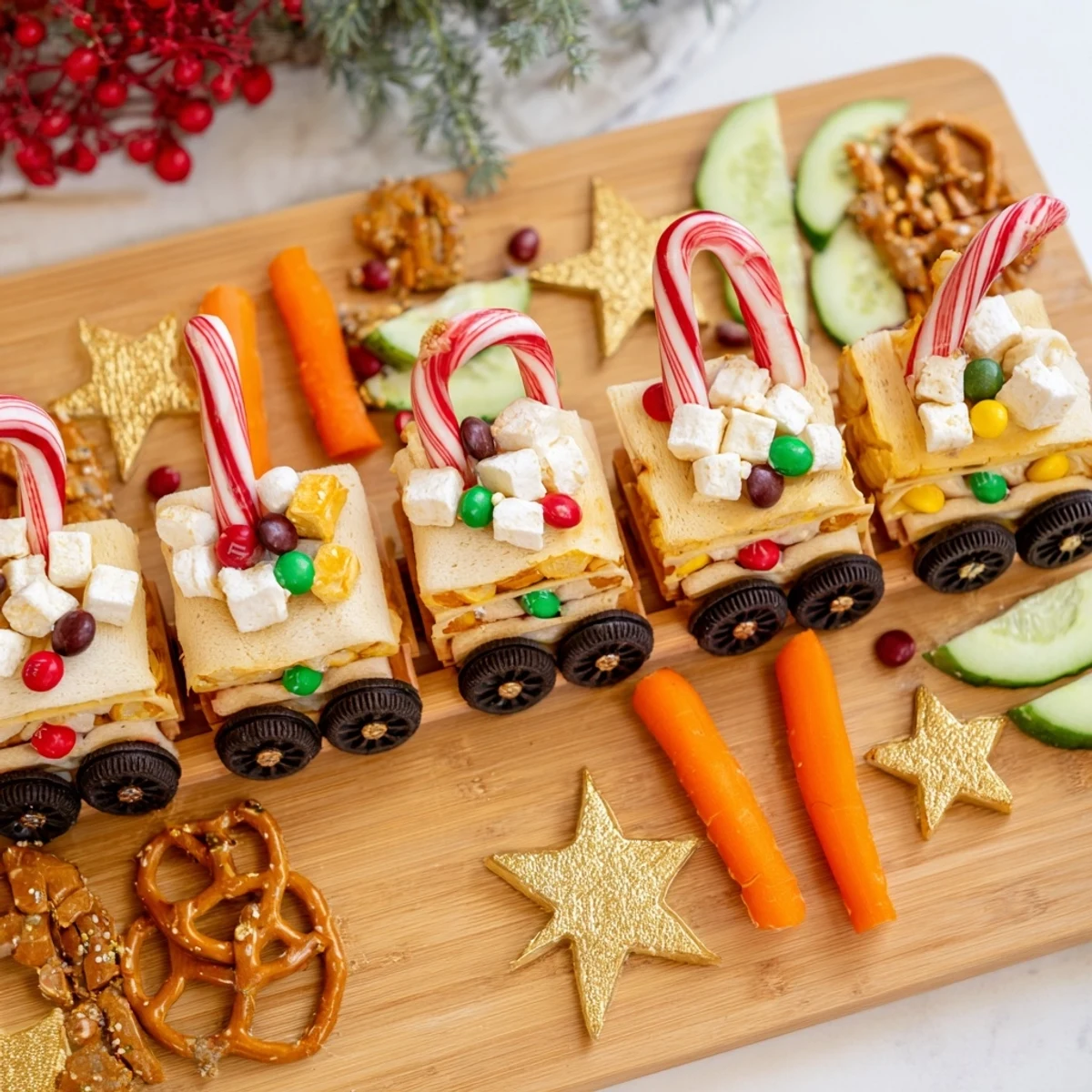 Close-up Polar Express Train Treat Board showcasing vibrant sweet and savory holiday snacks, ready to enjoy.
