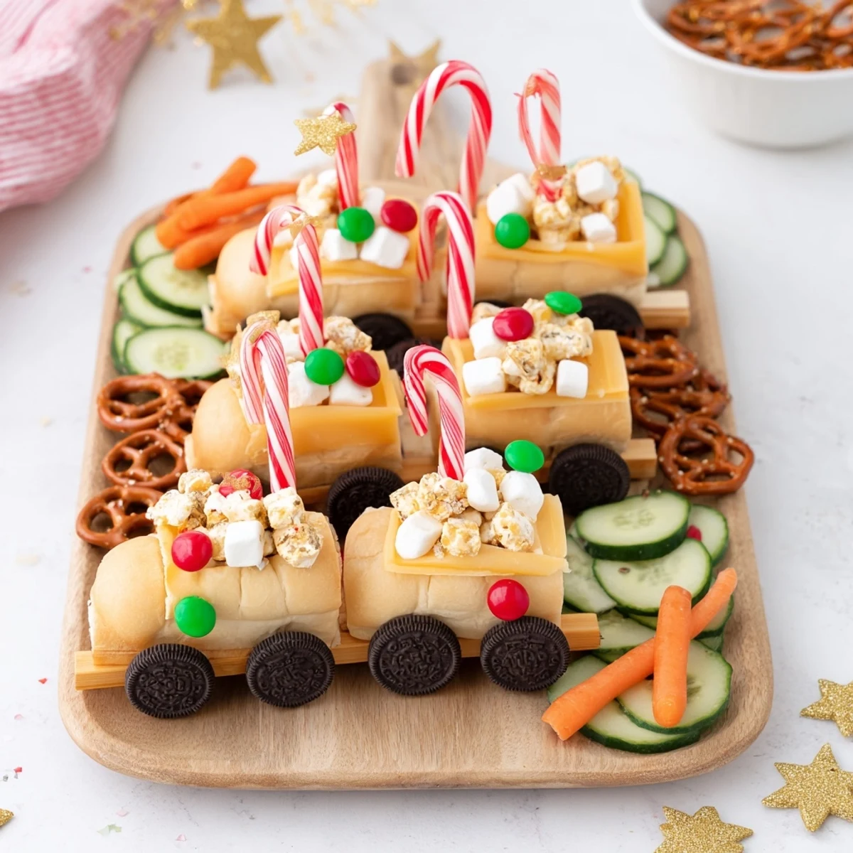 Festive Polar Express Train Treat Board featuring sweet marshmallows, pretzels, and cheese, ideal for sharing.