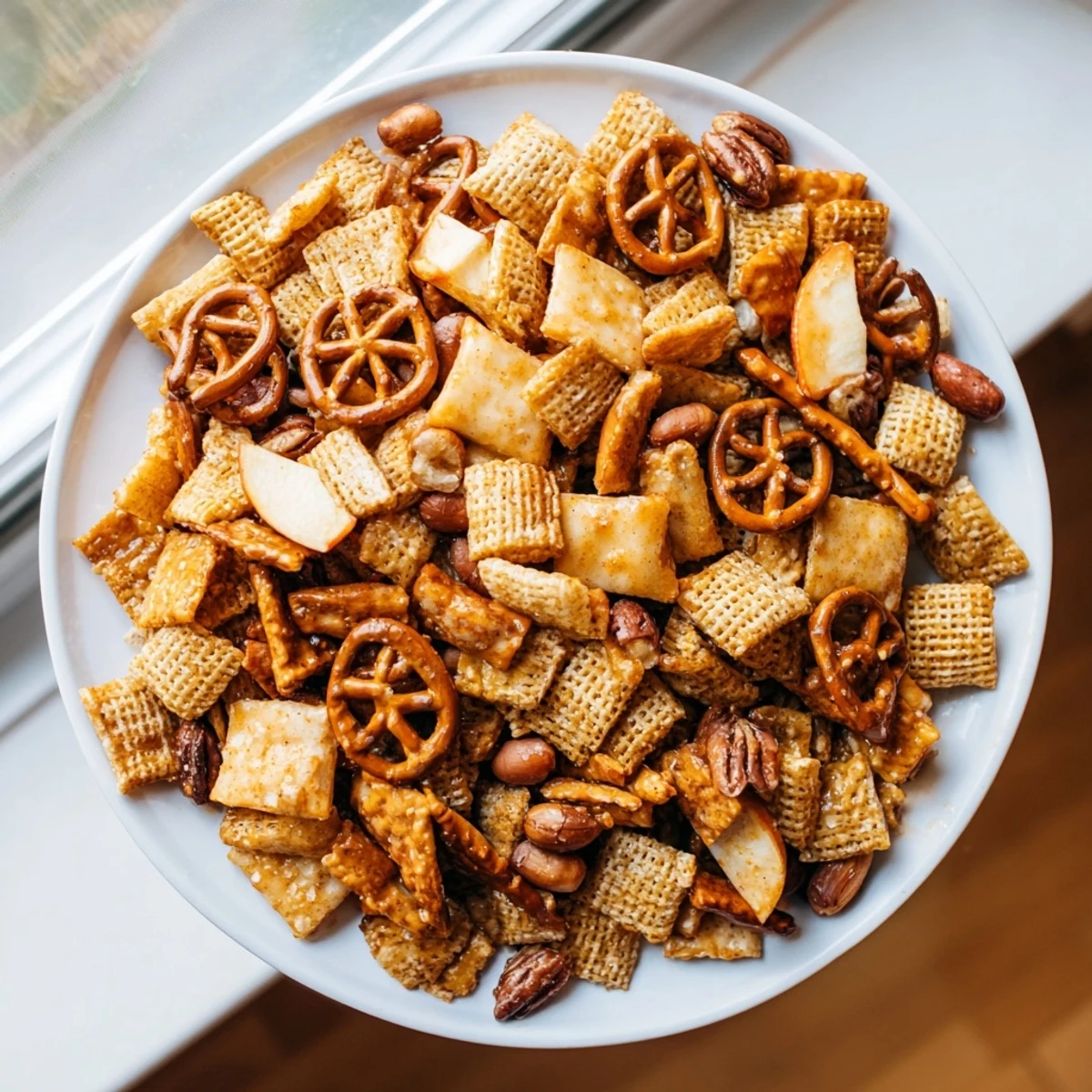 Golden, crunchy Party Mix with a sweet cider glaze, ready to serve as a festive snack.