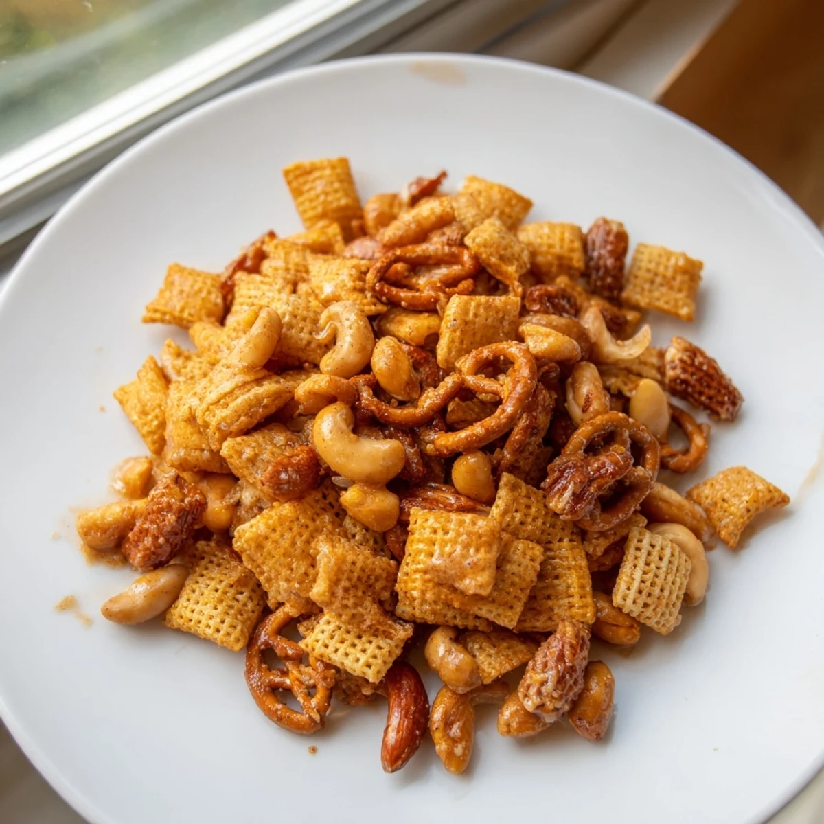 A close-up of the delicious Party Mix, featuring pretzels, peanuts, and apple cider flavors.
