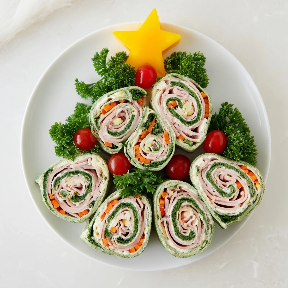 Savory Smoked Turkey Pinwheels Tree arranged with fresh parsley and vibrant cherry tomatoes for a festive appetizer.