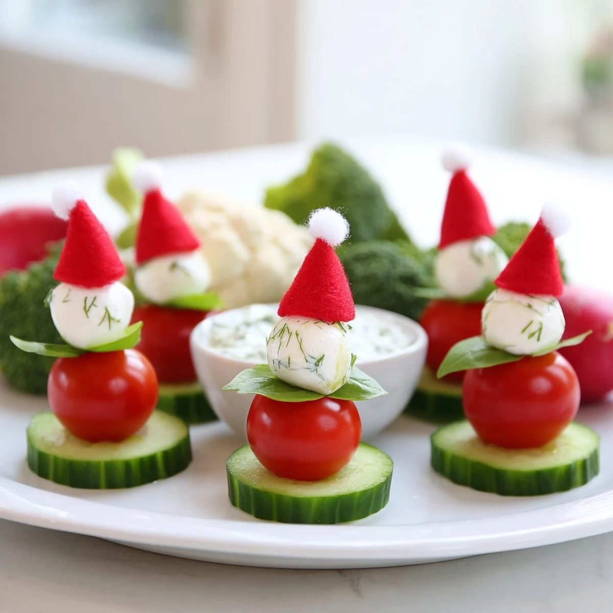 Festive Savory Crudités platter showcases vibrant vegetable Santa hats with creamy, flavorful dip.