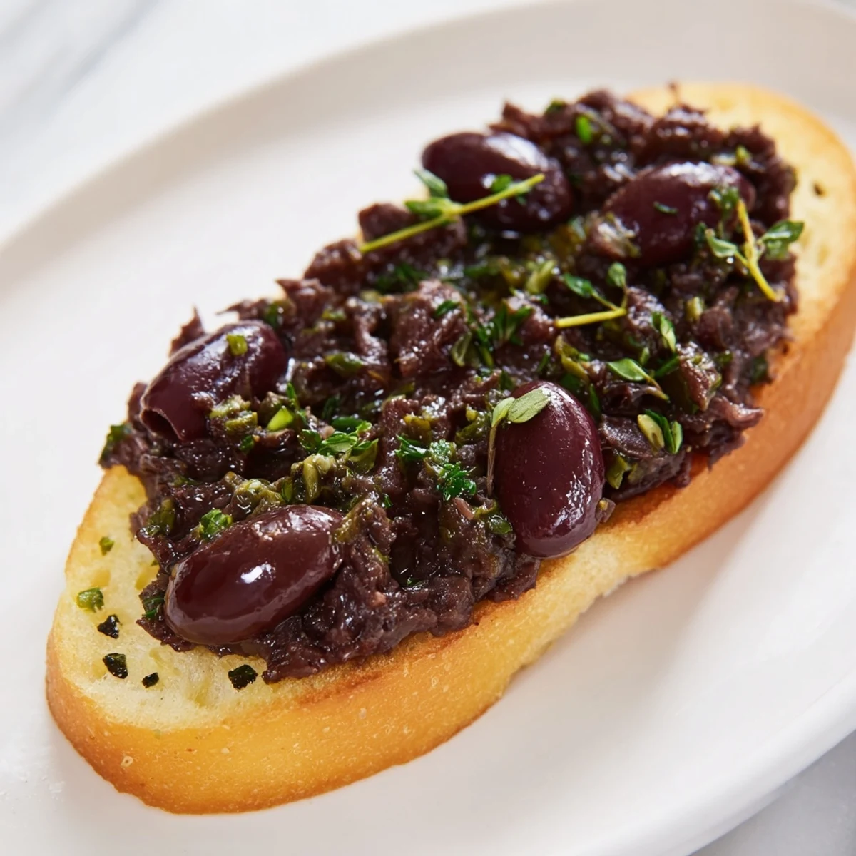 Close-up photo of a vibrant black olive tapenade, ready to be spread on crunchy crostini.
