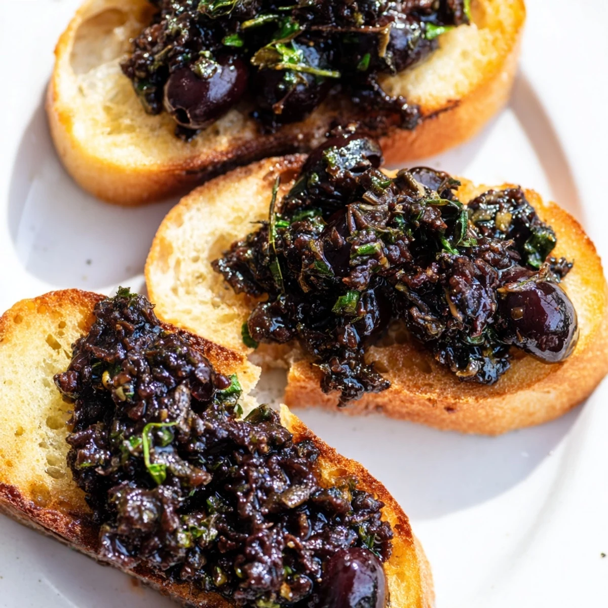 Delicious black olive tapenade recipe: a Mediterranean appetizer with capers, herbs, and crostini.