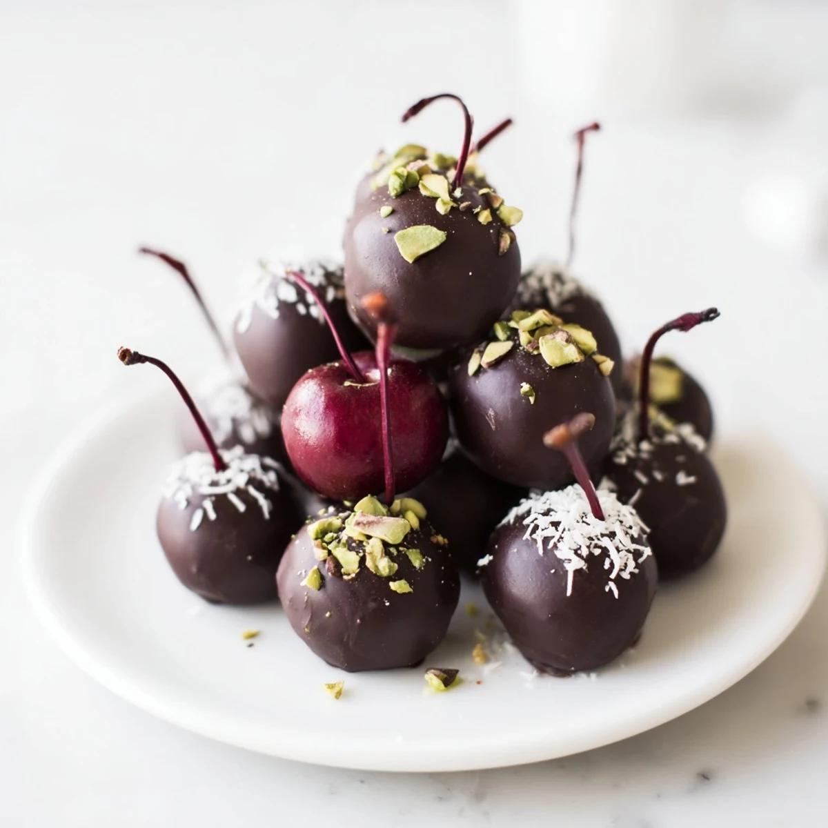 Chocolate-covered cherry dessert bites neatly stacked in a pyramid for an elegant dessert.