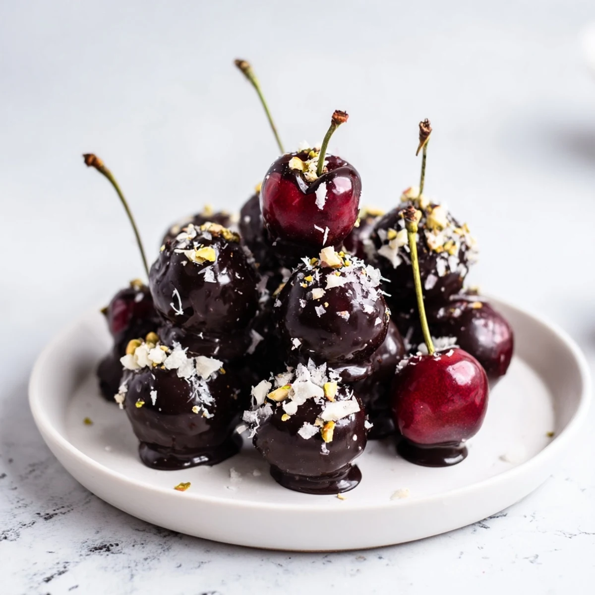 Shiny, dark chocolate covers each cherry in these easy, delicious chocolate-covered cherry dessert bites.