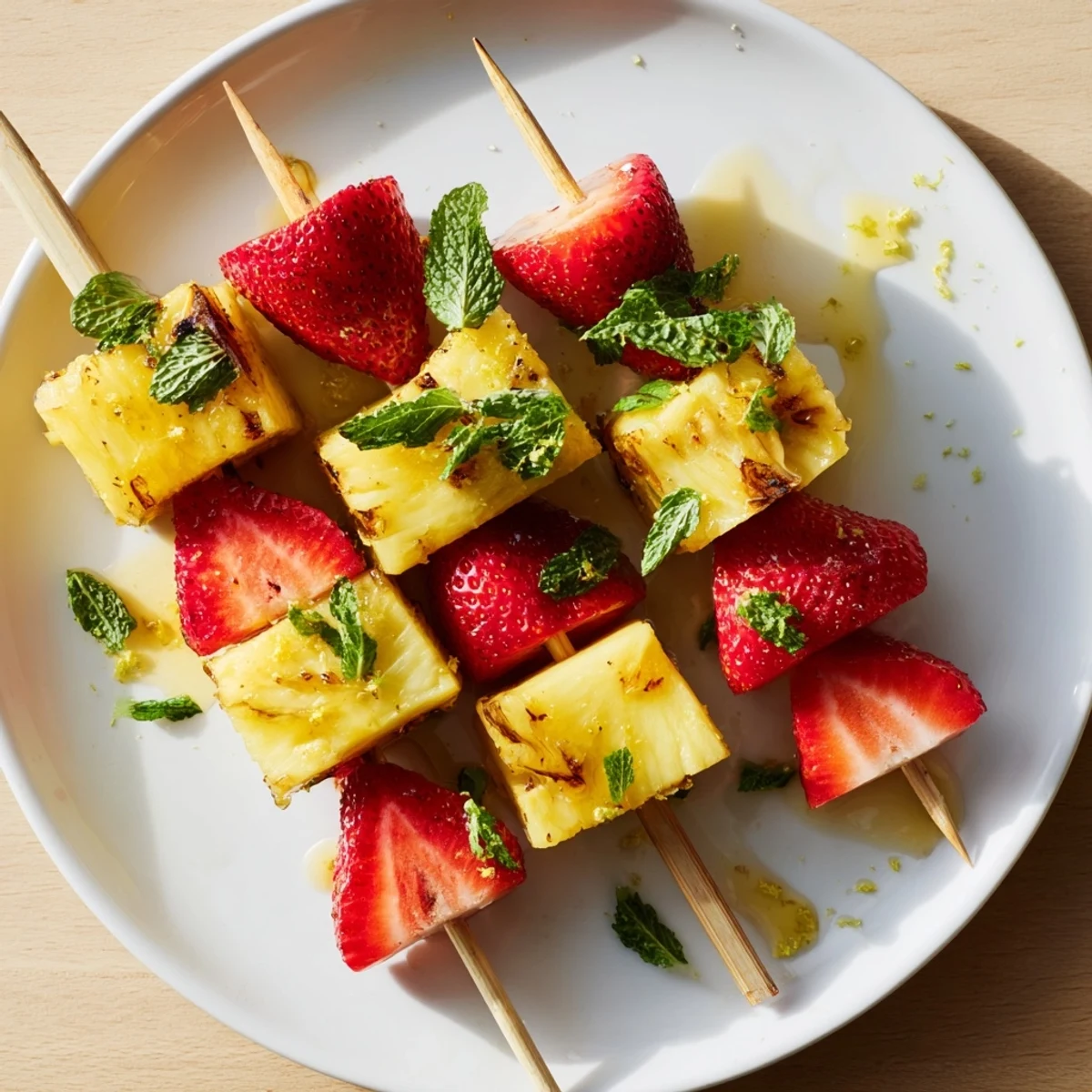 Vibrant fruit skewers with juicy pineapple and ripe strawberries, a refreshing summer snack.