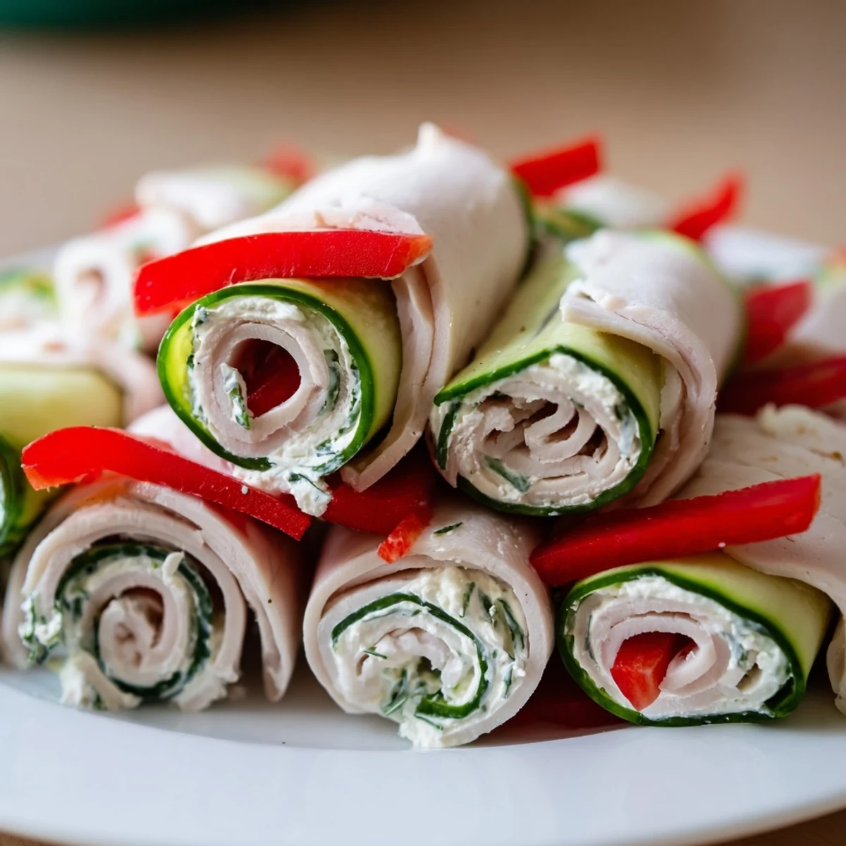 A platter of protein-packed turkey roll-ups, easy appetizer with cream cheese, perfect for a party.