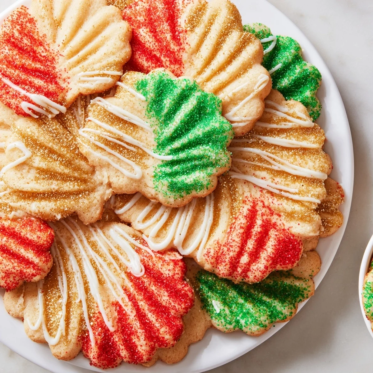 Golden-edged spritz cookies arranged in a fan shape, a beautiful display for the holidays.