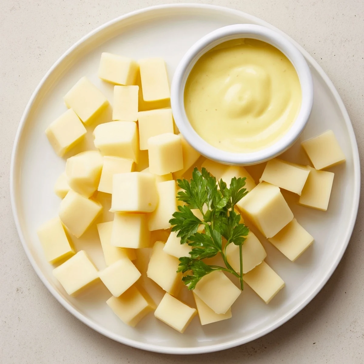Arrangement of Gouda cubes with the homemade mustard dip bowl, ideal for a sophisticated cheese platter.