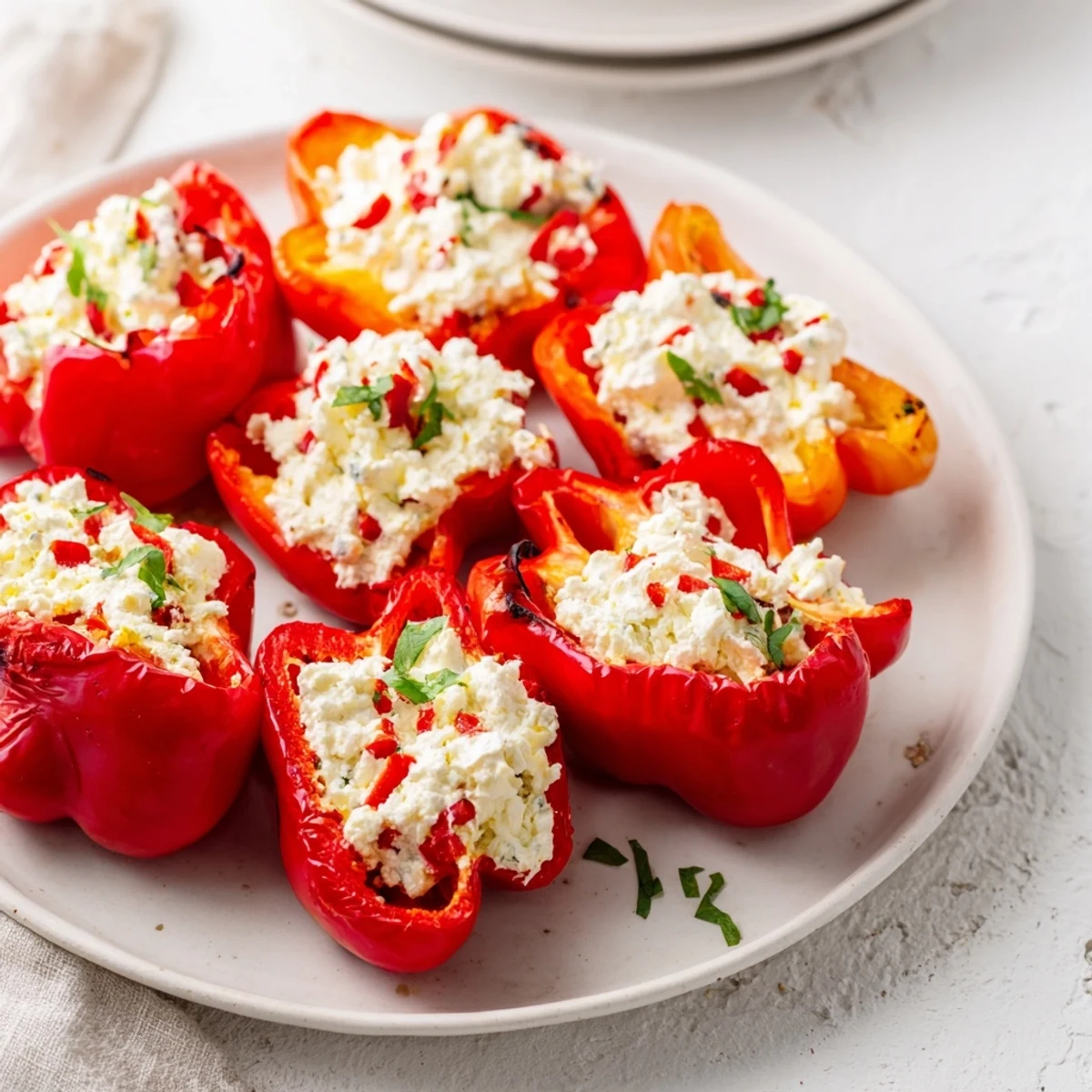 Vibrant mini bell pepper halves overflowing with creamy feta filling, ready to serve as an appetizer.