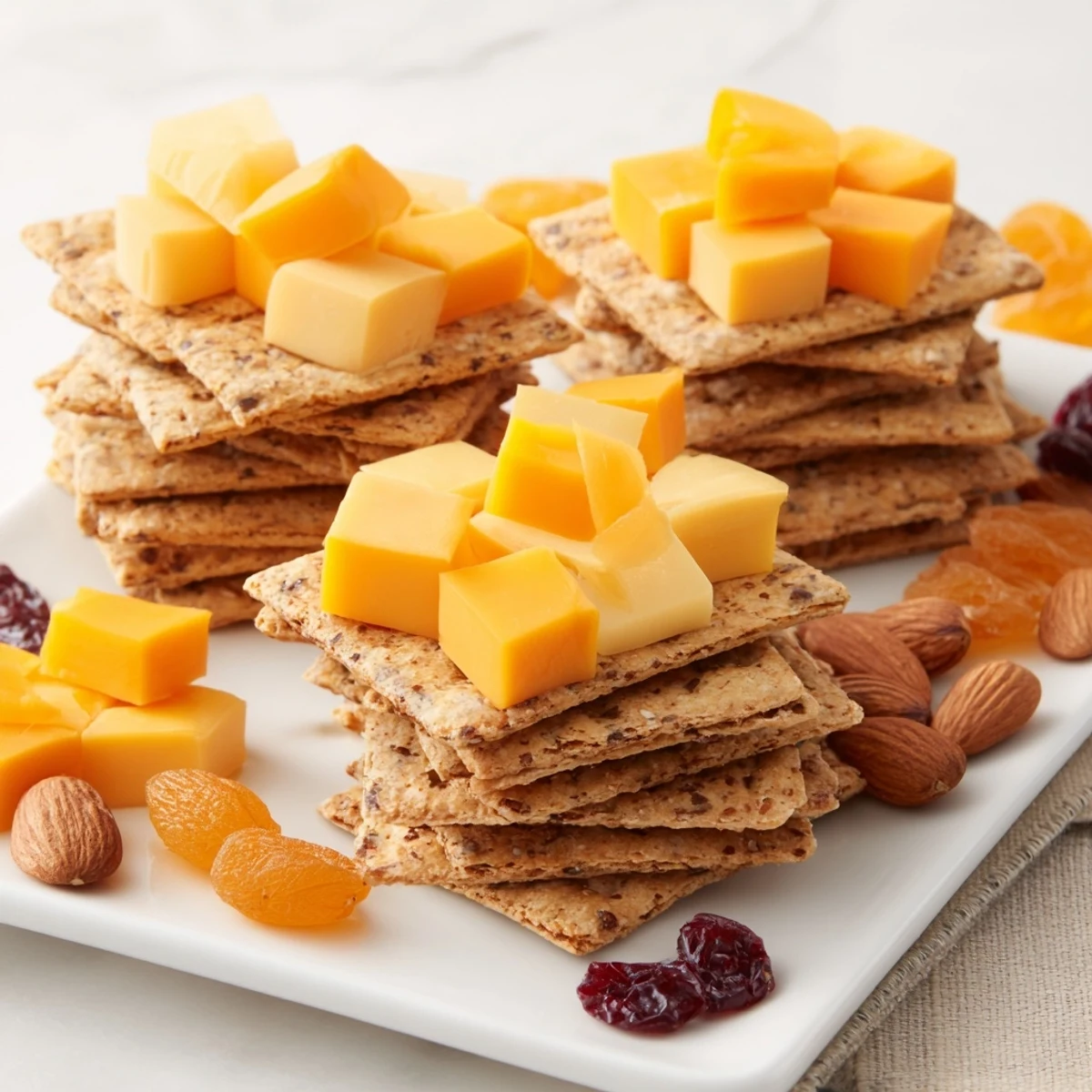 Perfect work from home desk treat: a quick snack of stacked crackers, cheese cubes, & optional almonds.