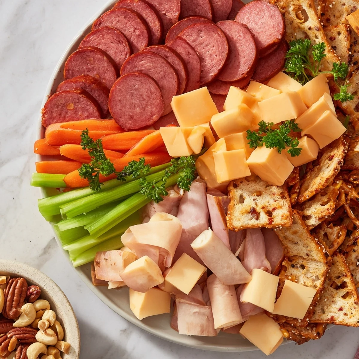 A loaded tailgate party power stack: layers of meats, cheeses, crackers, and veggies make a hearty appetizer.