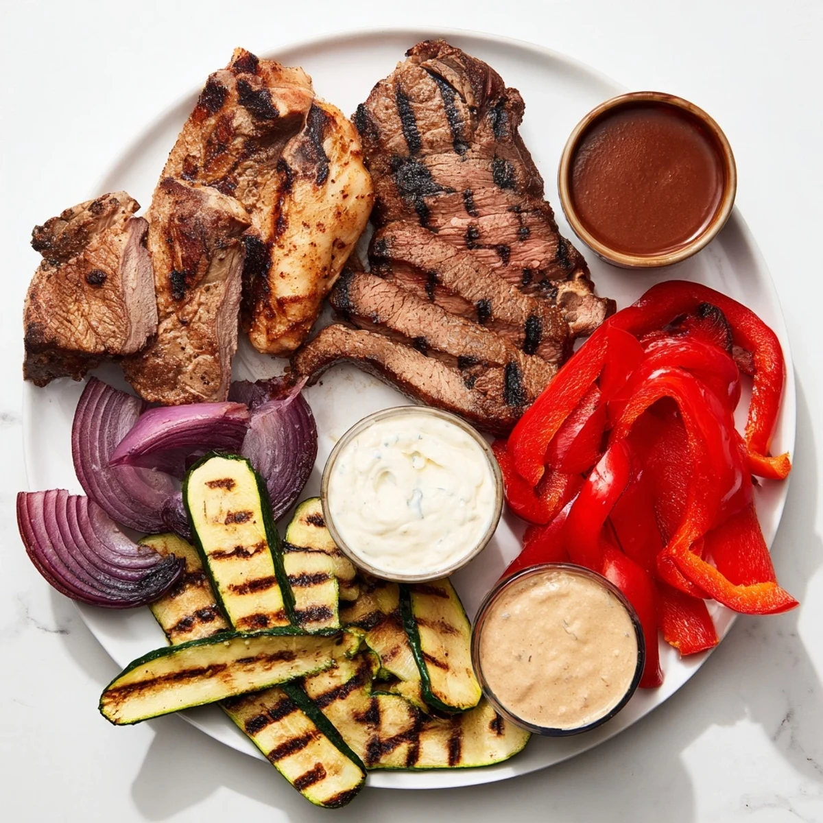 A Backyard BBQ Companion: a platter overflowing with grilled meats, vegetables, and creamy dips.