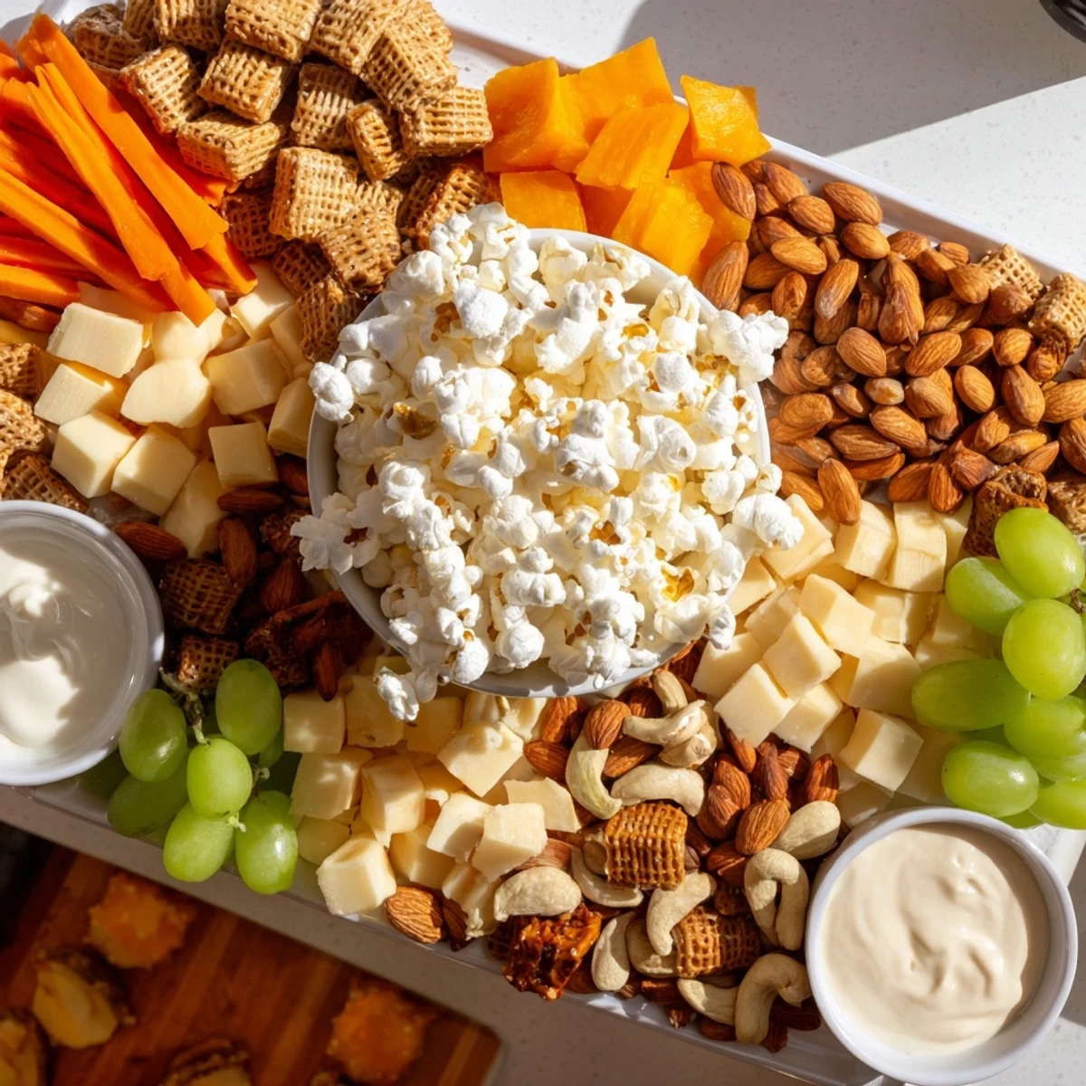 This vibrant Movie Night Munchie Board features a colorful array of snacks, perfect for a cozy gathering at home.