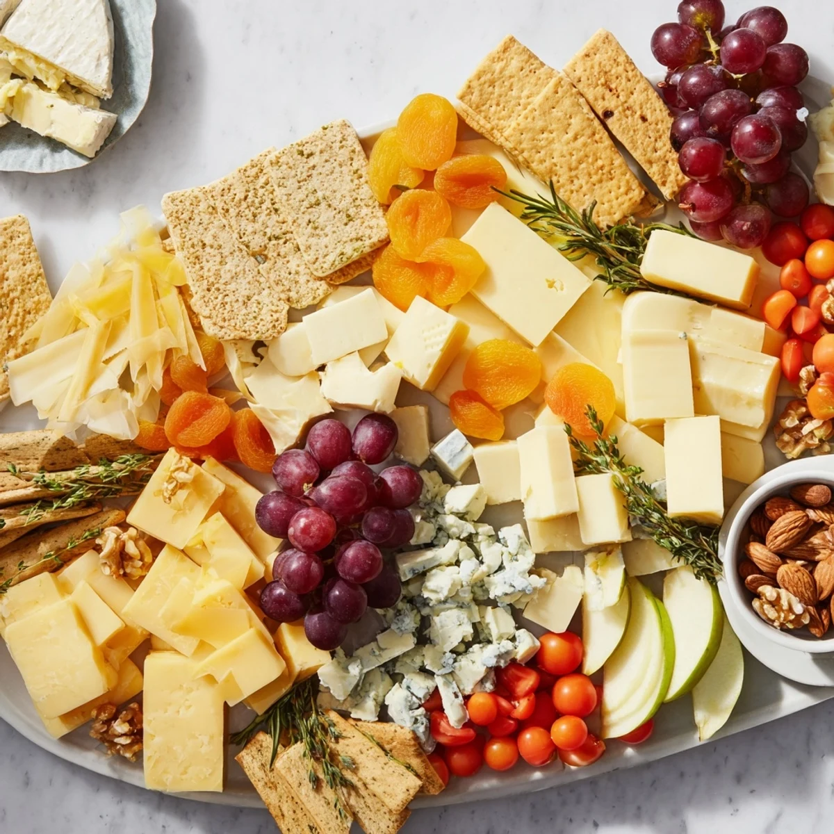A beautifully arranged housewarming open house spread, featuring cheese, crackers, and colorful fruit.