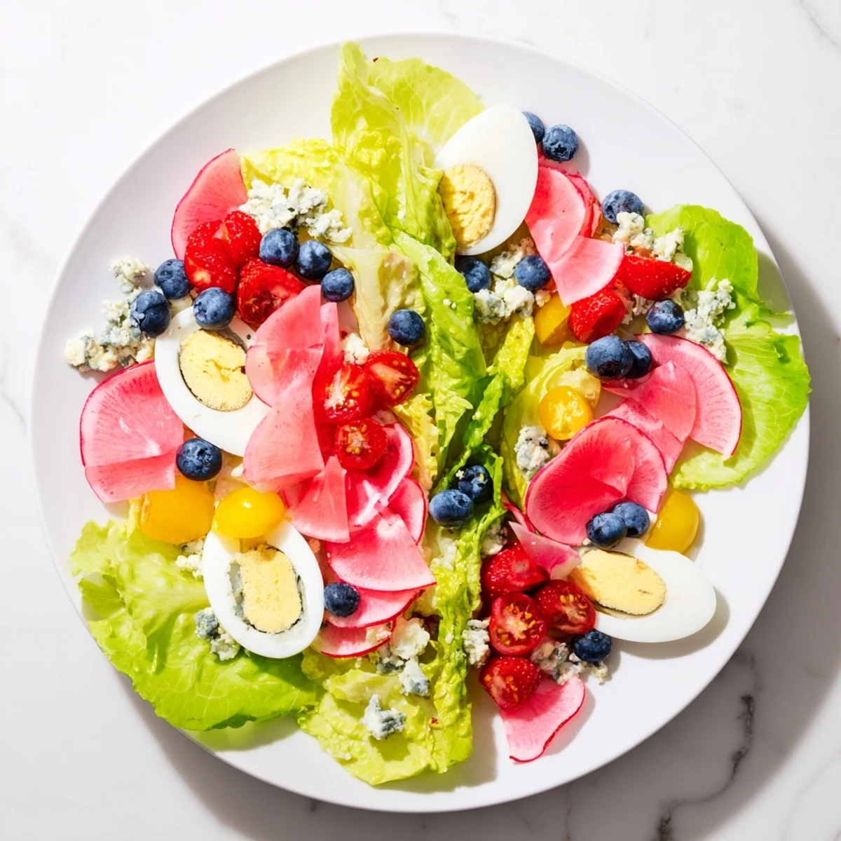 Vibrant Baby Shower Pastel Palette Salad with fresh berries and creamy blue cheese, ready to serve!