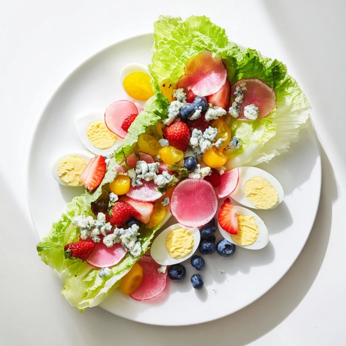 This colorful Baby Shower Pastel Palette Salad is a delightful mix of pastel pinks, blues, and yellows.