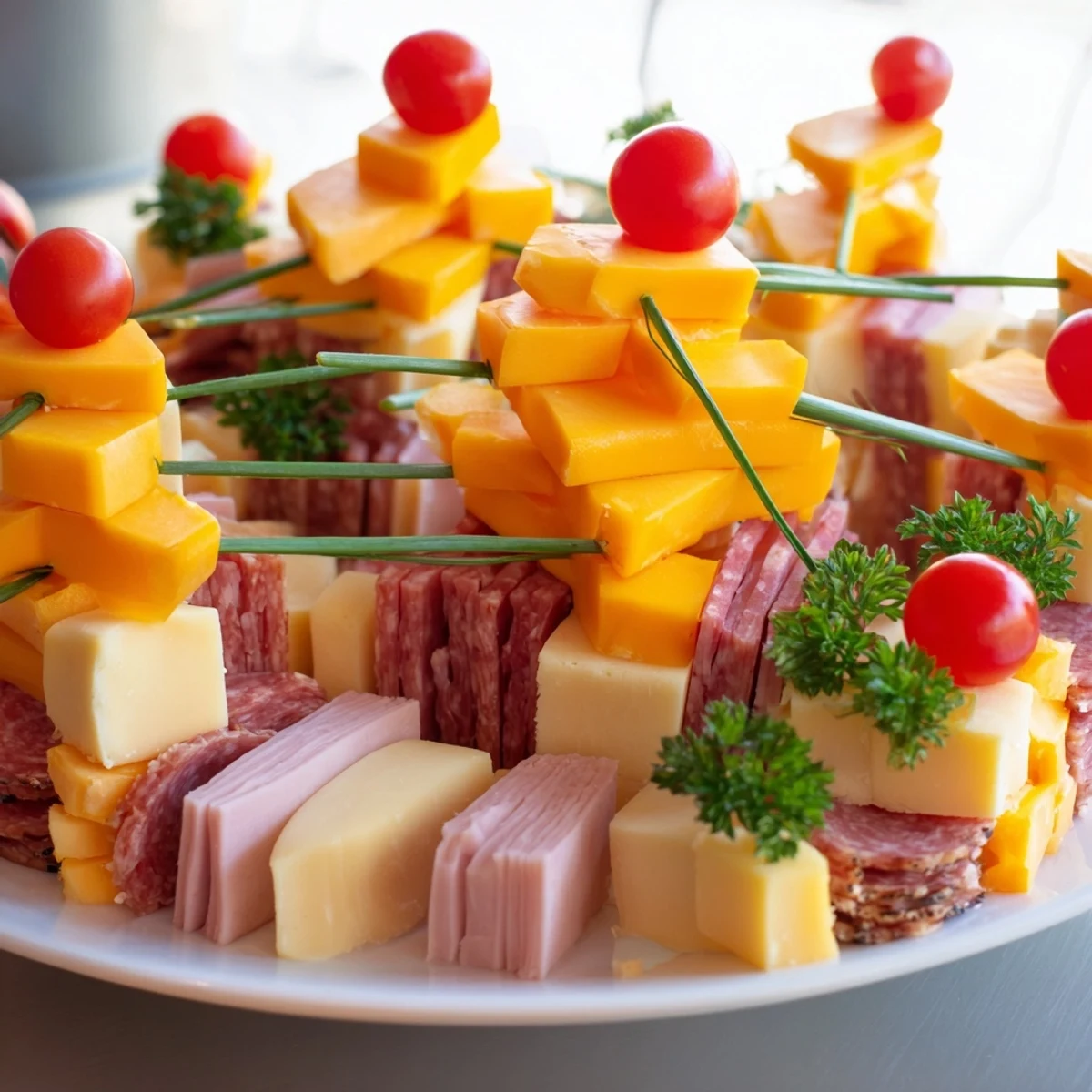 A beautifully arranged Checkerboard Chalet appetizer showcases cheese and meat checkerboard base, topped with chalet.